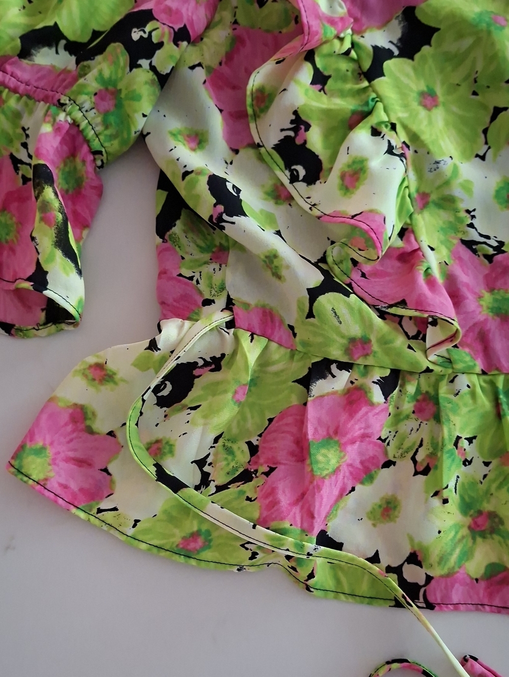 WAYF Pink, Black & Lime Green Vibrant Floral Ruffle Peplum Wrap Top (Size L) - Picture 4 of 8